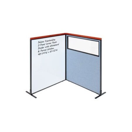 Global Equipment Interion    Deluxe Freestanding 2-Panel Corner w/Whiteboard   Partial Window 48-1/4Wx61-1/2H Blue 695181BL